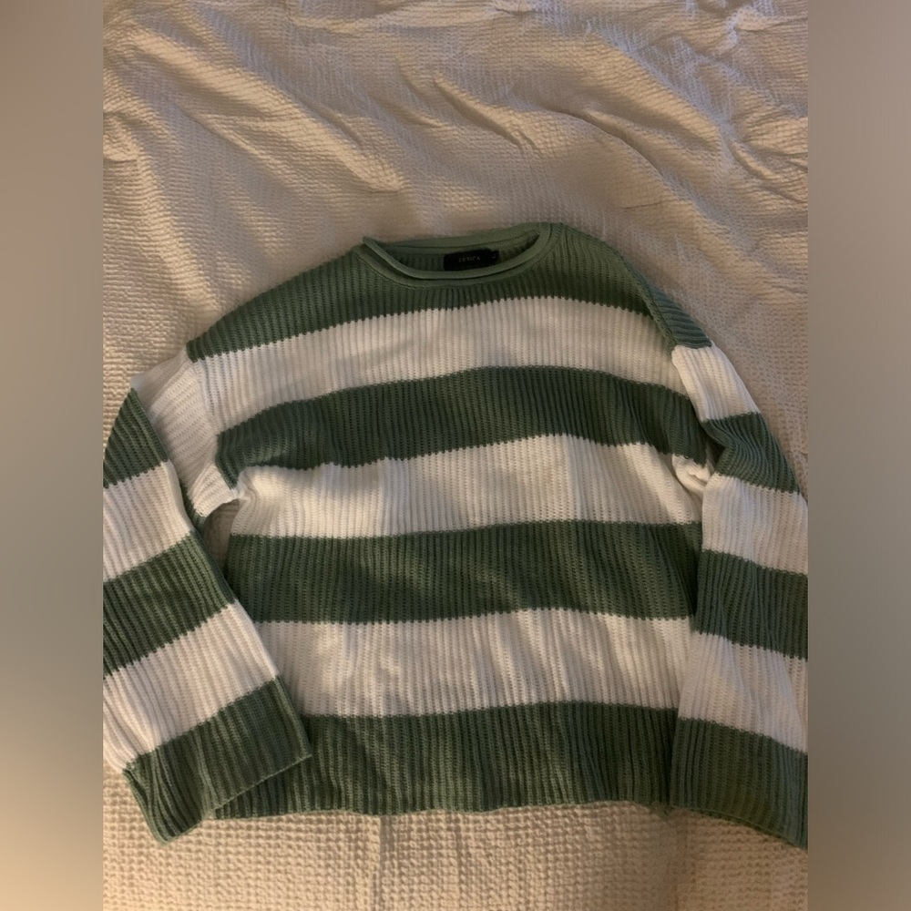 Amazon Green and White Striped Turtleneck Sweater